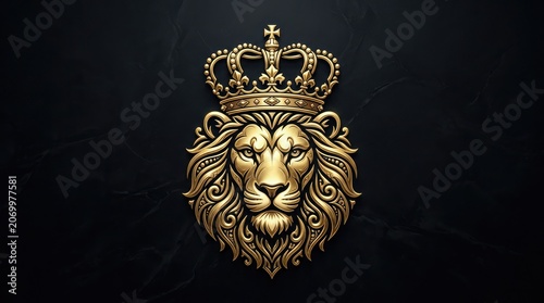 Golden lion head with crown on black background illustration