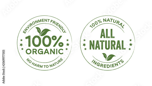 100 Percent Organic Stamp Badge Collection with Natural Product Labels and Eco Certification Seals Vector