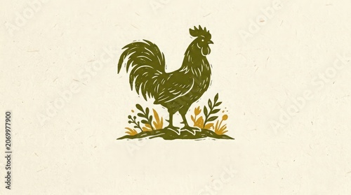 A modern minimalist logo featuring a majestic rooster standing proudly on grass with lush foliage and vibrant flowers.