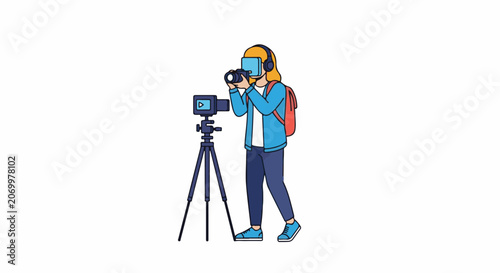 Person in headphones films with camera on tripod, wearing backpack