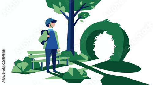 Person in park with tree and green sculpture