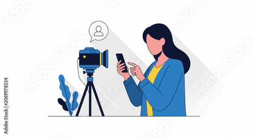 Person with camera and phone, planning content creation, simplified flat illustration