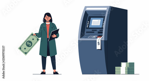 Person with dollar bill and folder near ATM with receipt and cash