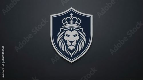 Logo featuring lion wearing crown on shield emblem crest