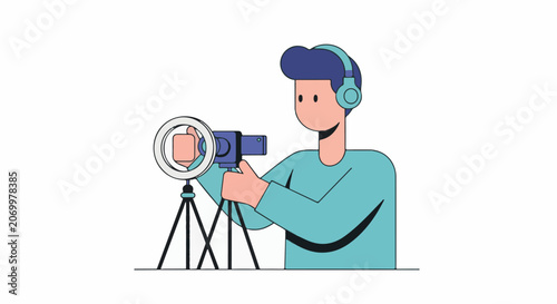 Person with headphones, filming with a camera and ring light on a tripod
