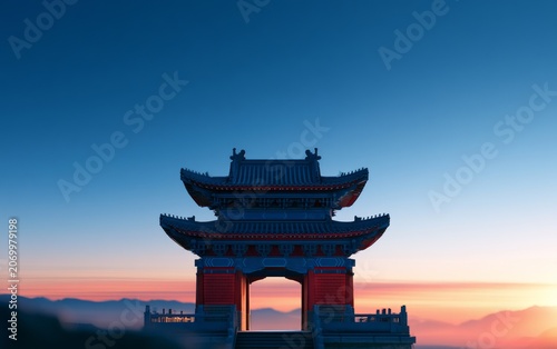 Chinese Bell Tower Silhouette Against Dawn Sky with Soft Colors and Calmness