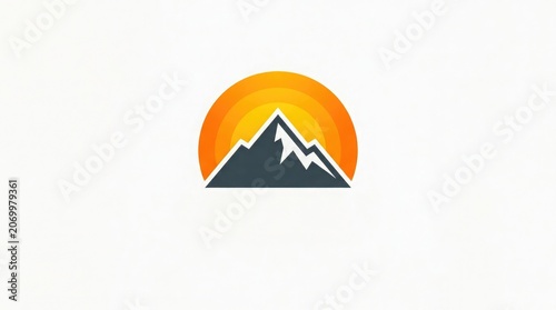 A minimalist geometric giraffe illustration stands against a mountain landscape at sunset