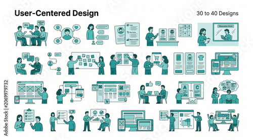 Fényképezés User centered design web and app development vector graphic elements featuring p