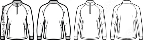 Technical fashion flat sketch of quarter zip pullover tops with raglan sleeves for apparel design templates