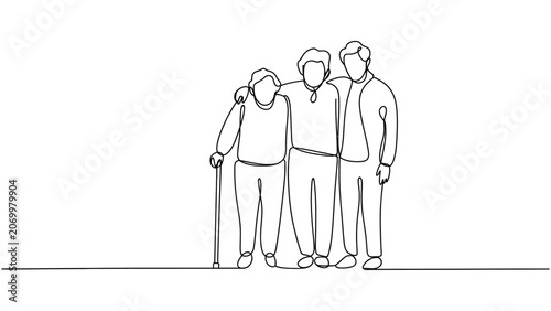 Continuous line drawing of diverse senior adults standing together representing elderly care, aging population, family support, inclusion, community and healthy aging