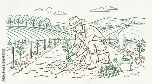 A farmer carefully plants a sapling in a vast field with rolling hills and rows of young trees under a sunny sky with clouds.