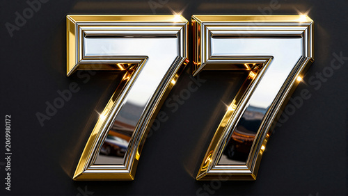 Elegant Metallic Gold and Chrome 3D Number Seventy Seven Design on a Dark Background