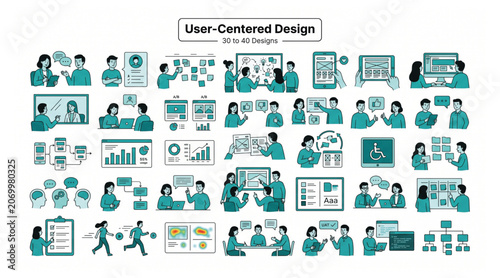 Fotografie User cantered design process and software development illustration set with cant