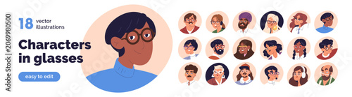 Modern people in glasses, head portraits set. Face avatars of diverse charact...