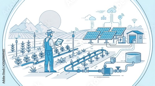 Farmer collects harvest with solar panels and irrigation system in a mountainous landscape
