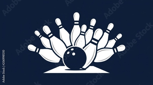Bowling ball hits pins in a perfect strike on a dark background with white pins