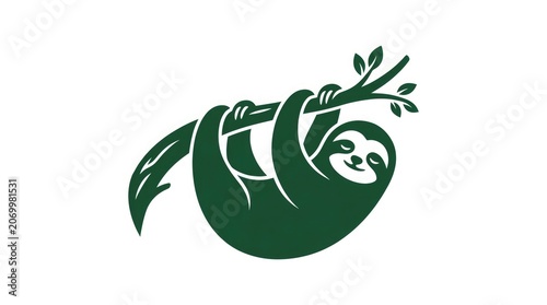 A sloth hangs from a branch with leaves in a natural setting happily.