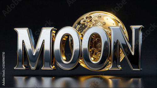 Luxury 3D Metallic Moon Text Typography with Golden Lunar Sphere on Dark Background
