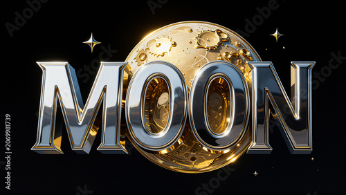 3D metallic word 'MOON' with celestial bodies and sparkling stars background
