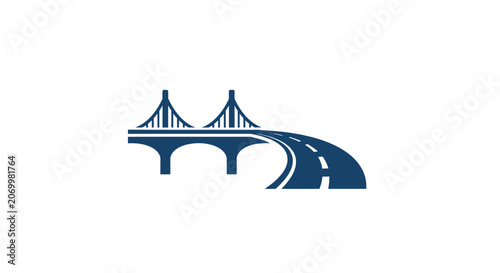 A simple blue icon of a suspension bridge with a road leading away