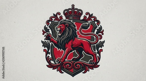 A majestic lion illustration with a crown and ornate design elements on a neutral background
