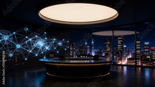Futuristic Corporate Command Center With Digital Global Network Connectivity and Cityscape Skyline