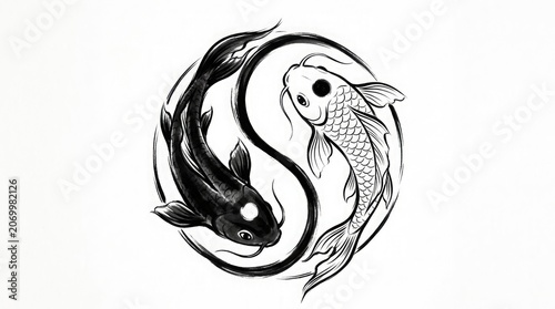 Two Koi Fish Form Yin Yang Symbol in Circular Motion with Fins and Tails