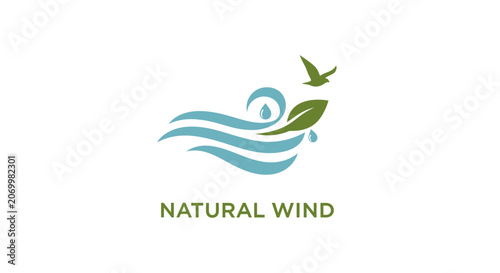 Minimalist logo representing natural elements, wind, water, and plants with a flying bird design