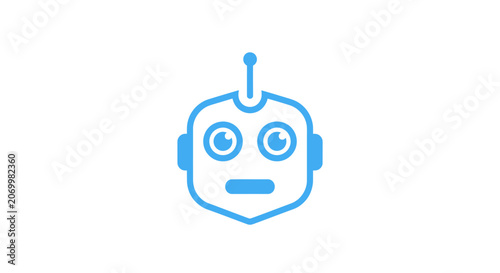 Simple and modern illustration of an animated robot head in blue color on a white background