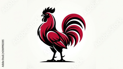A proud rooster stands with vibrant red and black feathers on display.