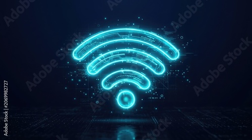 Glowing blue Wi-Fi symbol emits light pulses in dark digital space