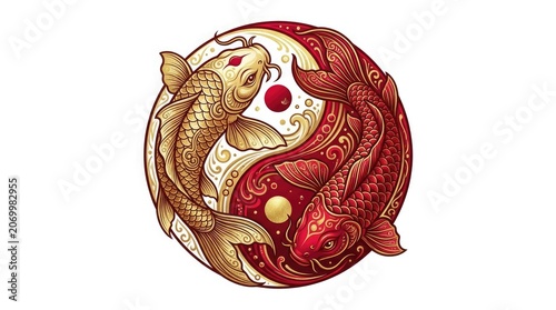 Two koi fishes swim in a yin yang circle with red and gold scales.