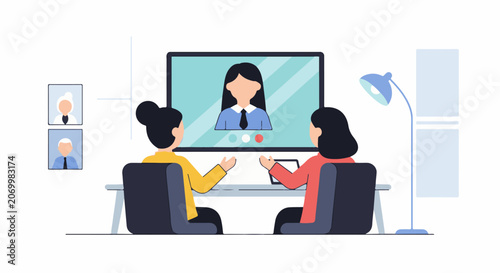 Two women in a video conference with a woman on a screen