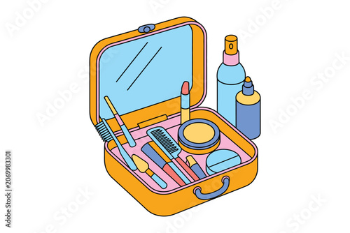 Open makeup case with cosmetics and beauty accessories illustration