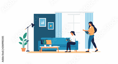 Two women in cozy living room with laptop and tablet