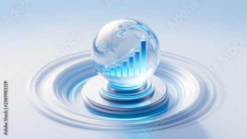 Global Financial Growth Concept with Crystal Sphere and Progress Bar Chart on Ripple Surface
