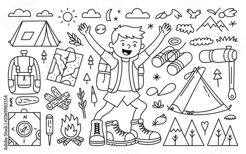 Camping outdoor adventure doodle set with boy and travel equipment