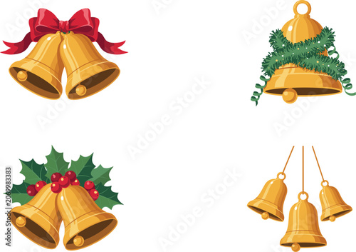 Foto Christmas golden bells vector illustration set decorated with red bow holly berr