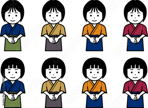 手を前で合わせる作務衣に前掛けの女性のアイコン