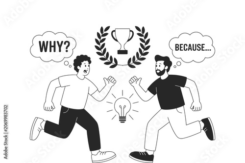 Men running towards trophy achievement competition concept