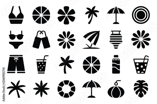 Summer vacation beach elements icon set with vacation, silhouette