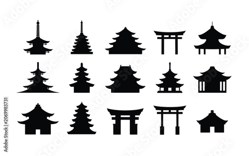 Asian temple architecture landmark silhouette icons with building