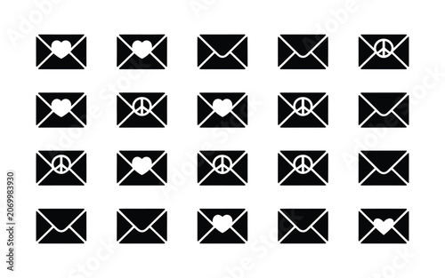 Collection of black envelope icons with hearts and peace symbols