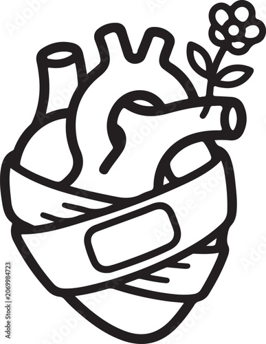 Anatomical Human Heart with Bandage and Growing Flower Line Icon