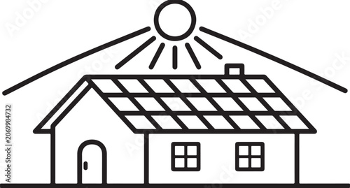 Eco House with Solar Panels and Sun Energy Line Icon