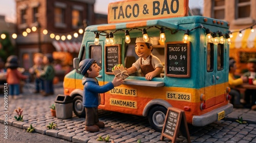 Detailed Claymation Taco Truck Assembling Fresh Mexican Street Food at a Miniature Festival