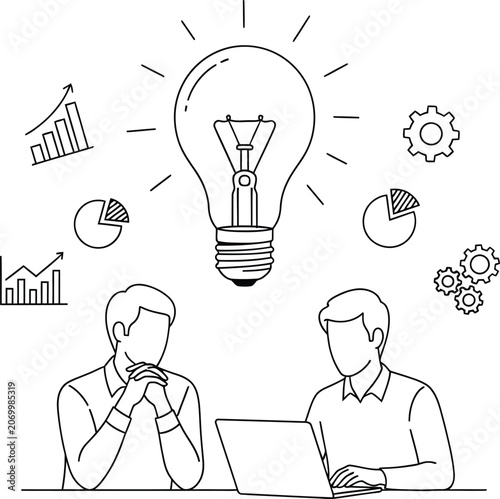 Business team brainstorming with lightbulb idea and charts Vector