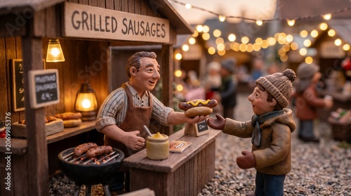 Handmade Miniature Food Stall Diorama Featuring a Sausage Vendor and Customer Character