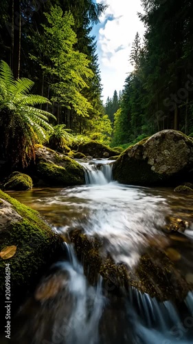 Rushing forest stream flowing through lush green trees.
