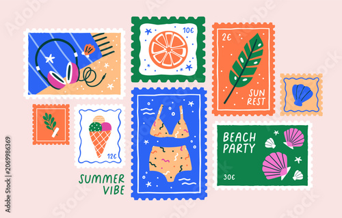 Summer travel postmarks composition with sea resort and beach holiday. Tropic...